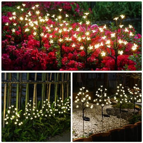 2 Pack Solar Lights Outdoor Waterproof, Garden Lights Solar Flowers - color: Warm White Cherry 2Pack