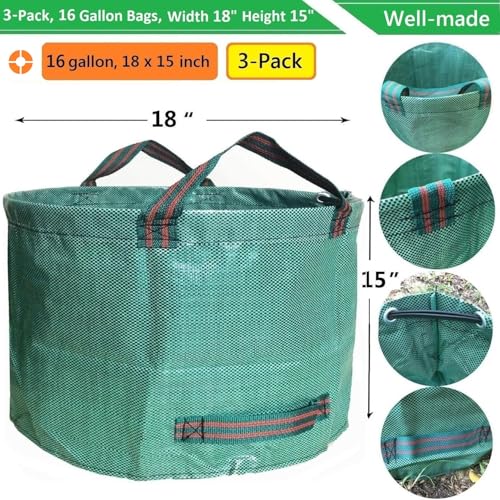 Standard 3-Pack 16 Gallons Yard Garden Bags (D18,H15 inch) W/Gardening Gloves, Reusable Leaf Bags,Grass Clippings,Lawn Debris Bag,Laundry Container,Patio Trash Bin,Yard Waste Bags,Weeds Bag 4 Handles