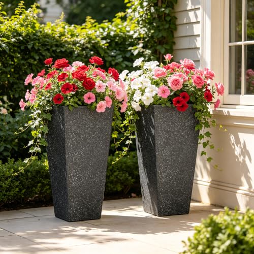 Autodaya 28" Oversized Black Terrazzo-Look PP Tall Planters Set of 2 - color: Faux Black Terrazzo-28"h