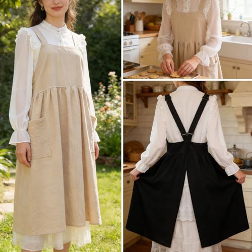 Cotton Linen Apron Cross Back Apron for Women with Pockets Pinafore Dress - color: 2 Pack-black+beige