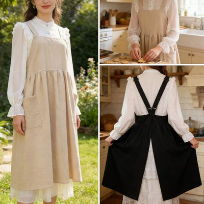 Cotton Linen Apron Cross Back Apron for Women with Pockets Pinafore Dress - color: 2 Pack-black+beige