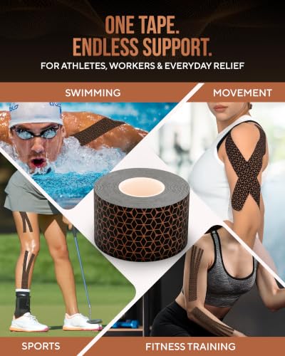 TheraCopper Copper Infused Kinesiology Tape - 2 Rolls, 40 Precut Strips - color: Black