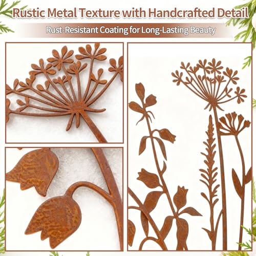 Outdoor Decor Metal Flower Garden Stakes, 5-Piece Yard Art Set for Lawn Patio Walkway Flower Bed, Rustic Farmhouse Dandelion & Fern Metal Garden Decorations for Outside