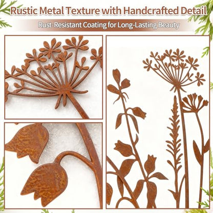 Outdoor Decor Metal Flower Garden Stakes, 5-Piece Yard Art Set for Lawn Patio Walkway Flower Bed, Rustic Farmhouse Dandelion & Fern Metal Garden Decorations for Outside