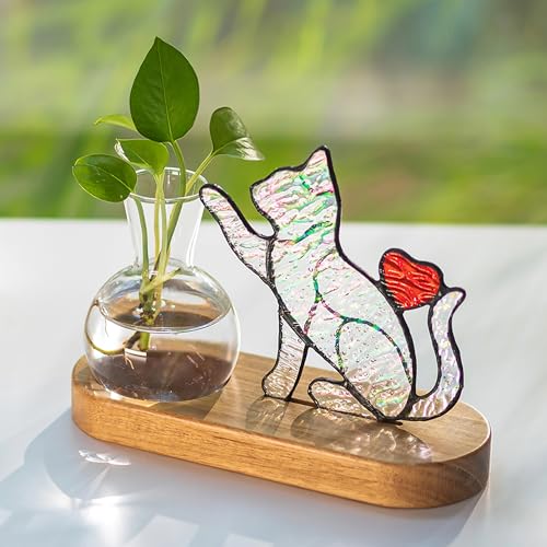 Hewory Handmade Cat Planter: Iridescent Stained Glass Propagation Stations - color: Iridescent