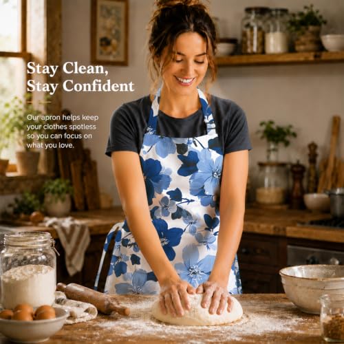 Kosseco Cute Aprons for Women with 1 pocket, Cooking Kitchen Baking Gardening Adjustable Waterproof Aprons for Women - color: Blue Flowers