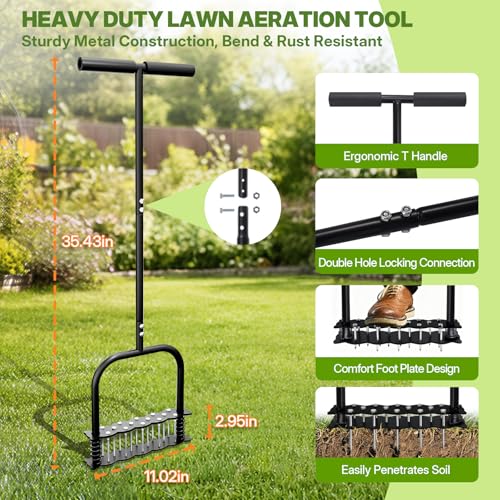 Heavy Duty 35" Manual Aerator Lawn Tool with T-Handle & 14 Spikes