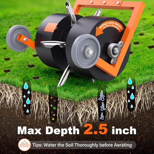 Rolling Lawn Aerator, Non-Clogging Hollow Tine Aerator for Compacted Soil