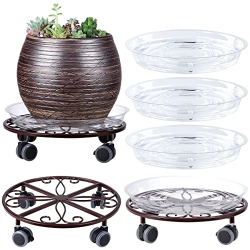Planterhoma 3 Pack Plant Caddy with Wheels & Saucers, 11.8" Heavy Duty Metal Rolling Plant Stand, Plant Dolly with Lockable Casters, Rustproof Iron Planter Mover for Indoor Outdoor, Bronze - color: Bronze