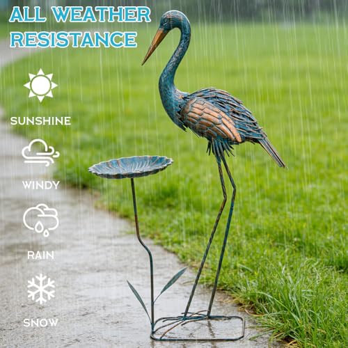Metal Crane Garden Statue for Outside with Leaf Tray - color: Gold & Blue-crane