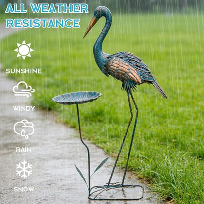 Metal Crane Garden Statue for Outside with Leaf Tray - color: Gold & Blue-crane