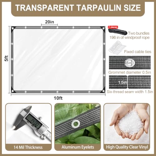 Premium Clear Vinyl Tarp 5x10 ft Tearproof Heavy Duty Clear Tarp with Rustproof Grommets Windproof Design(14 Mil) Reinforced Edges for Patio Outdoor Porch Greenhouse Chicken Coop Garden - size: clear tarp 5x10ft
