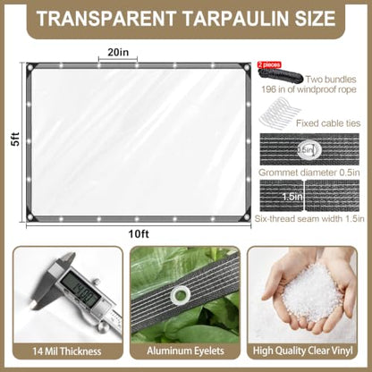 Premium Clear Vinyl Tarp 5x10 ft Tearproof Heavy Duty Clear Tarp with Rustproof Grommets Windproof Design(14 Mil) Reinforced Edges for Patio Outdoor Porch Greenhouse Chicken Coop Garden - size: clear tarp 5x10ft