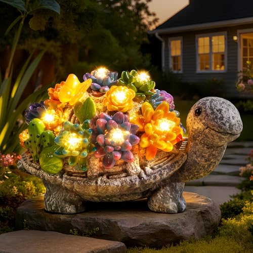 Guhope Solar Garden Statues, Outdoor Turtle Decor with Succulent and 8 LED Lights, Resin Outside Yard Figurine Decor for Garden, Yard, Lawn, Balcony, Porch, Gifts for Mom Grandma - size: 9.5in Turtle