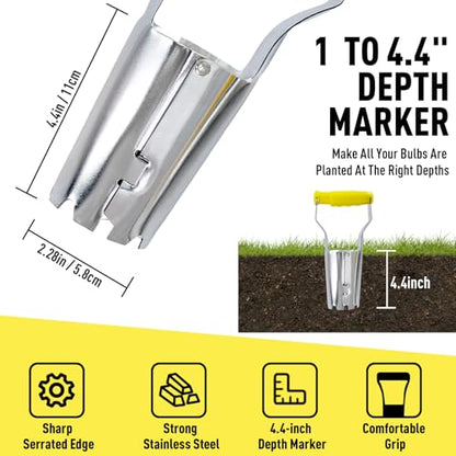 Jardineer Small Bulb Planter Tool– Compact Stainless Steel Transplanter for Bulbs, Seedlings & Flowers – Ergonomic Handle with Depth Markings – Silver & Black– Durable Garden Planting Tool - color: silver