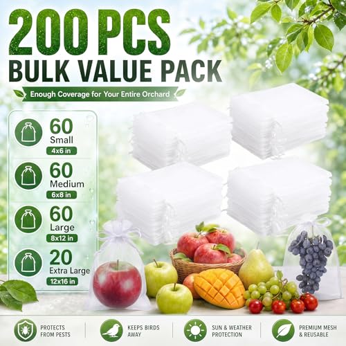 200 Pcs Fruit Netting Bags 4 Multi Size Assortment White