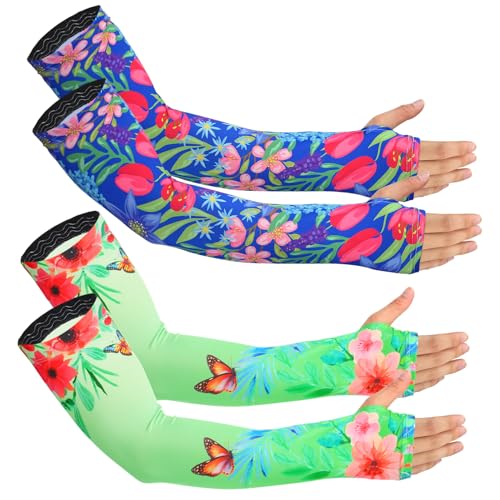 PAMASE Anti-slip Arm Sleeves - Gardening Cooling & UV Sun Protection Cover with Thumb Hole, Outdoor Plant Lover Women Gift - color: Green Navy Flower