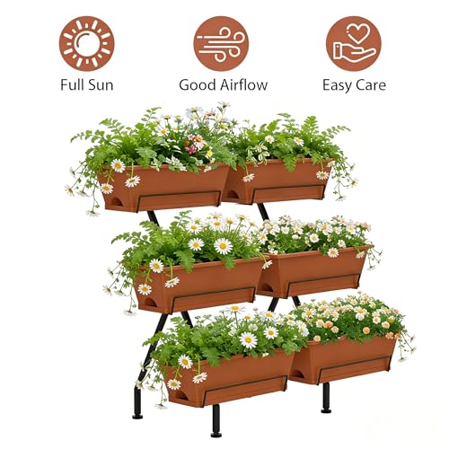 Vertical Garden Planter 3 Tier Vertical Raised Garden Bed Standing Garden Planters with 6 Container Boxes Elevated Garden Planters Indoor Outdoor Herb Planter for Flowers Vegetables Plants, Brick Red - color: Brick Red
