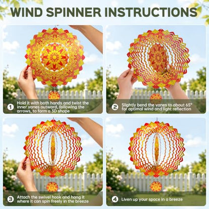 Mandala Wind Spinner 12 Inch, IDEA SHOW 3D Kinetic Metal Sun Wind Spinners for Yard and Garden, Stainless Steel Hanging Boho Outdoor Decor Art with Mini Pendant, Zen Gardening Gifts for Women - size: MandalaSunflower