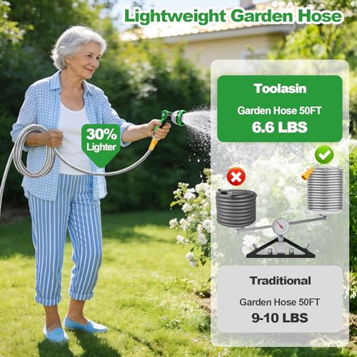 Garden Hose 50FT, Stainless Steel Metal Water Hose with 10-Function Nozzle - color: Silver