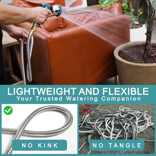 25FT Garden Hose, Stainless Steel Water Hose Flexible with a 10-Mode Nozzle Sprayer, No Kink, Lightweight, Puncture Proof, Ideal for Indoor & Outdoor Light Use, 5/8'' Outside Diameter - size: 25 feet
