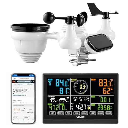VEVOR 7-in-1 Wi-Fi Weather Station, 7.5-Inch VA Display, Solar Powered Wireless Outdoor Sensor, Home Weather Station Indoor Outdoor, for Temperature, Humidity, Wind Speed/Direction, Rainfall, No APP - style: Modern