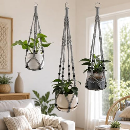 Macrame Plant Hangers with Beads for Indoor and Outdoor, 3 Pack - color: Gray