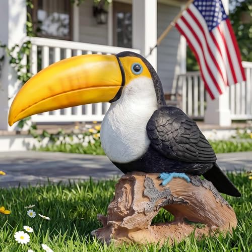 14" Toucan & Pelican Statues for Patio Decor, Tiki Bar Outdoor, Tree Decor, Weather-Resistant Garden Sculptures, Perfect Yard Ornaments, Tropical Tiki Statues, Gift for Bird Lovers (Yellow) - color: Yellow Toucan