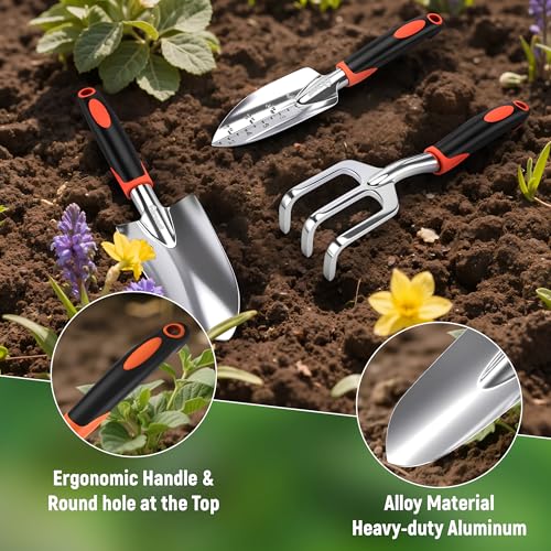 Garden Tool Set, 3 Pack Aluminum Heavy Gardening Kit Including Hand Shovel, Transplant Shovel and Hand Rake for Planting, Digging, Weeding - color: Orange