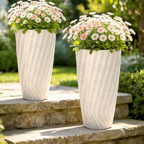 24" Resin Tall Outdoor Planters, Vintage Ivory Wavy Flower Pots - color: 24" H-vintage Ivory Marble Texture