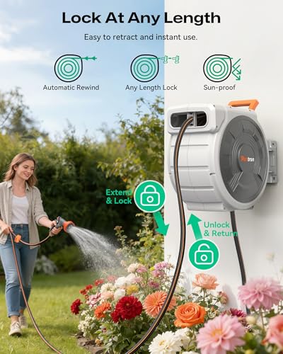 Retractable Garden Hose Reel 1/2"x150ft, 3-Ply Reinforced Heavy Duty Garden Hose Reel, Kink-Free Rewind and Lock at Any Length, Rust Prevention Metal Mount, 180° Swivel Bracket for Lawn & Gardening - color: 150 Ft X 1/2 Inch