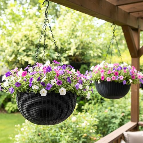 LaLaGreen Indoor Hanging Planters (11in, 2 Pack) Self-Watering Flower Pots - color: Black X 2