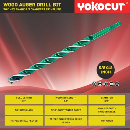 5/8" x 12" Auger Drill Bit, Hex Shank Tri-Flute Wood Drill Bits, Ship Auger Long Drill Bit for Soft and Hard Wood, Plastic, Drywall, Tree Stump and Composite Materials - size: 5/8 Inch, style: Length: 12"