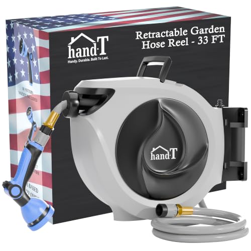 USA Based Retractable Garden Hose Reel, 1/2 in x 33 ft Quick Connect 10-Pattern Sprayer, Wall Mounted Auto Self Retracting Water Hose Reels, UV Resistant Automatic Rewind 180° Mount | Gray - size: 1/2" 33FT