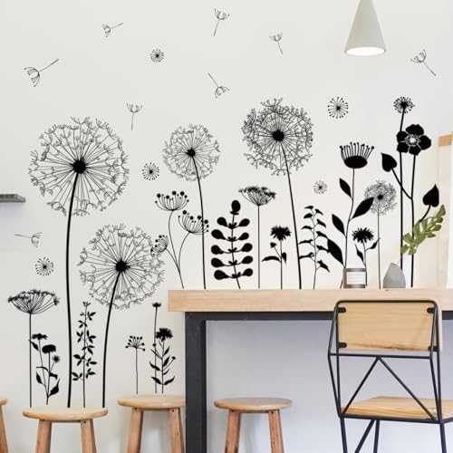 Black Dandelion Wall Decals, Peel and Stick Vinyl Decor,Removable Vinyl Wall Stickers with Flowers Butterflies, Birds, Pink and Black Colorful Floral Design for Living Room, Bedroom, Nursery - color: Black