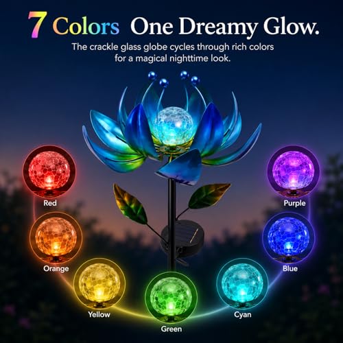Solar Wind Spinners for Yard and Garden, Color-Changing Metal Lotus Flower - color: Blue