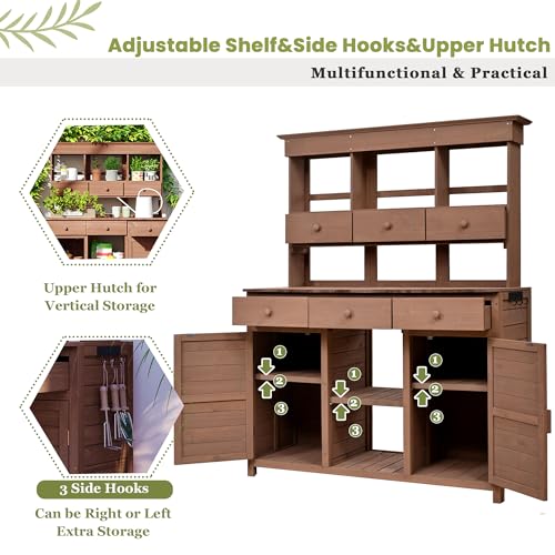Merax 65.7" Tall Garden Potting Bench with Hutch, 3 Shelves, 6 Drawers, 2 Cabinets & Hooks - color: Brown