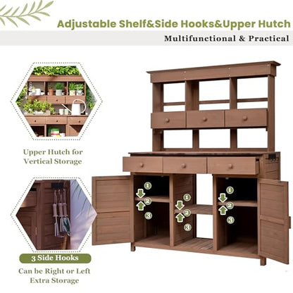 Merax 65.7" Tall Garden Potting Bench with Hutch, 3 Shelves, 6 Drawers, 2 Cabinets & Hooks - color: Brown