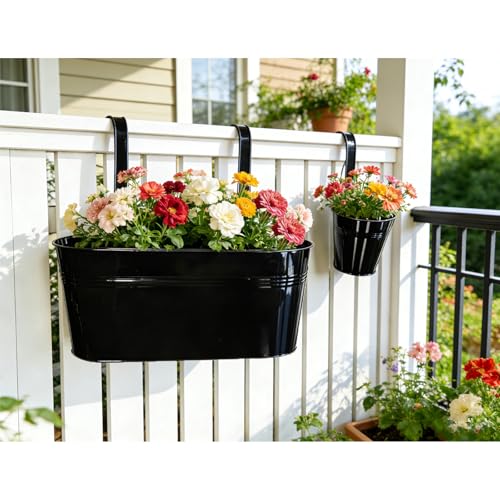 8 Pack Mixed Size Metal Fence Planters Set with Detachable Hooks, Black - color: Black, size: Oval*4 + Round*4