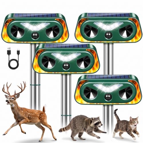 4 Pack Solar Ultrasonic Animal Repellent Outdoor, Motion Sensor Deer Repellent Device with LED Strobe Light, IP65 Waterproof Cat Squirrel Raccoon Rabbit Deterrent, Garden Yard Lawn Protection