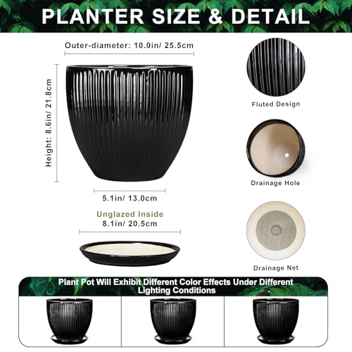 10 Inch Planter, Ceramic Plant Pots with Saucer, Black - color: Black, size: 10 Inch