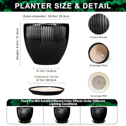 10 Inch Planter, Ceramic Plant Pots with Saucer, Black - color: Black, size: 10 Inch