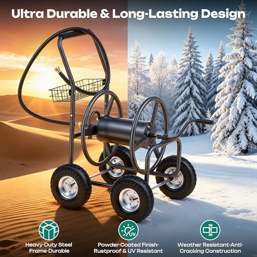 250ft Heavy Duty Hose Reel Cart with 4 Wheels, 5/8" Hose Capacity - color: Gray