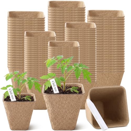 120 Pcs Square Peat Pots for Seedlings with 120 Plant Labels 3.25 and 2.3 Inch Seed Plant Starting Biodegradable Nursery Pots with Drainage Holes for Indoor Outdoor Gardens - size: 2.3 + 3.25 Inch