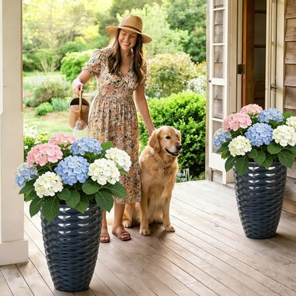 19" Resin Tall Outdoor Planters for Plants Set of 2, Costal Wavy Pot - color: 19"h-navy Blue Wavy