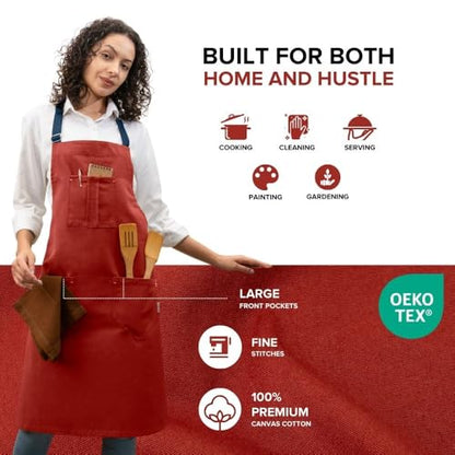 Cotton Canvas Apron for Women & Men – Adjustable Neck Strap & Waist Ties with Pockets - color: Rust