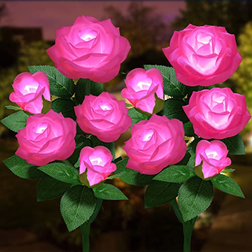 Solar Flower Lights Outdoor - Upgraded New Material Two Modes Realistic LED Solar Powered Waterproof Lights with 5 Roses, Solar Decorative Stake Lights for Garden (Pink, 2 Pack) - color: Pink, size: 2 Pack