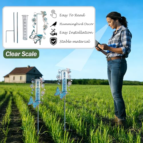 Freeze Proof Rain Gauge Outdoors Best Rated, Accurate & Easy to Read - color: Blue Copper Butterfly