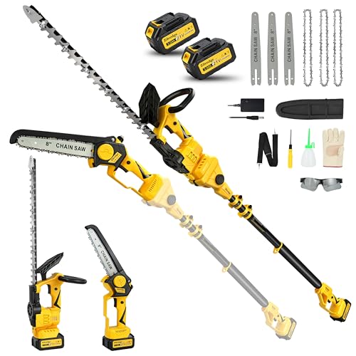 8" Pole Saw Cordless + 20" Pole Hedge Trimmer 4-in-1, Electric Mini Chainsaw/Hedge Trimmer with Extension Pole, 15Ft Max Reach for Tree Trimming and Shrubs Pruning, 2×3.0Ah Battery - color: Yellow