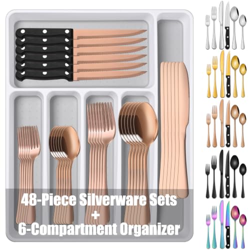 49-Piece Rose Gold Stainless Steel Silverware Sets With Organizer And Steak Knives Service For 8,Includes Knife Spoon And Fork Untensils Sets,Flatware Sets With Cutlery Tray - color: Rose Gold